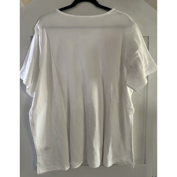 Quacker Factory V Neck Short Sleeve White Top W/ Zip Rhinestone Accent Pocket 3X - Picture 2 of 4
